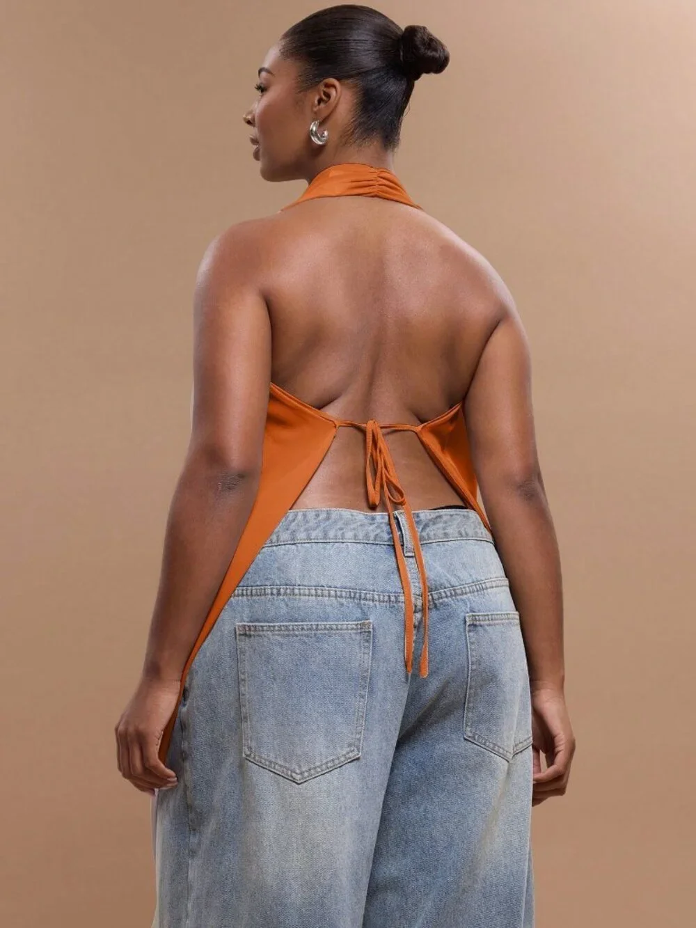 Orange Elegant Women's Plus Size Chiffon Halter Neck Backless Draped Top